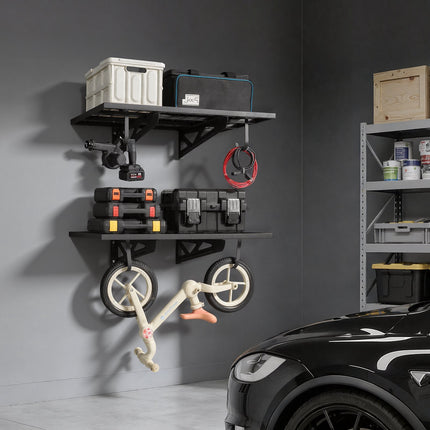 Wall-Mounted Garage Shelving, 2-Tier Steel with Hooks