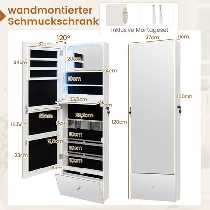 Wandmontierter Schmuckschrank mit Schloss, LED-Spiegel, 120 cm