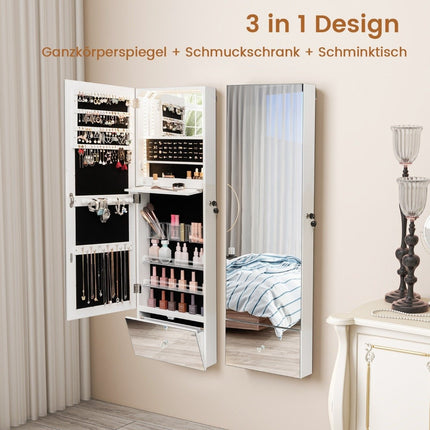 Wandmontierter Schmuckschrank mit Schloss, LED-Spiegel, 120 cm