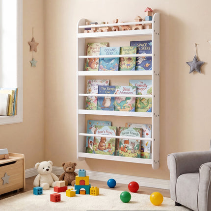 Wandmontiertes Kinderbücherregal, 4-stöckig, Weiß