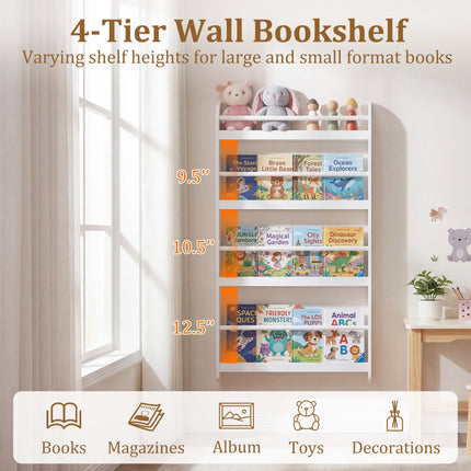 Wandmontiertes Kinderbücherregal, 4-stöckig, Weiß