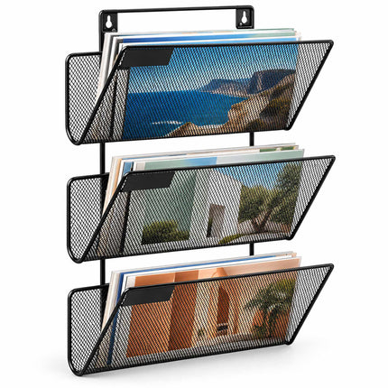 Wall-Mounted Magazine Holder with 3 Tiers, Black Iron, Screws Included