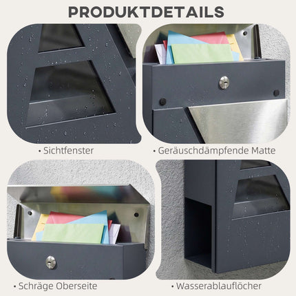 Wandbriefkasten, 13L, geräuschloses Schließen, Dunkelgrau