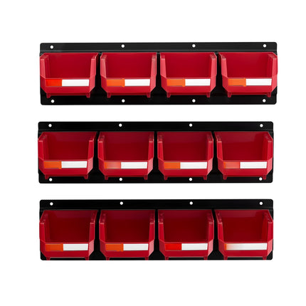 Wall-Mounted Storage Bins, 12-Pack With 3 Rails, Red