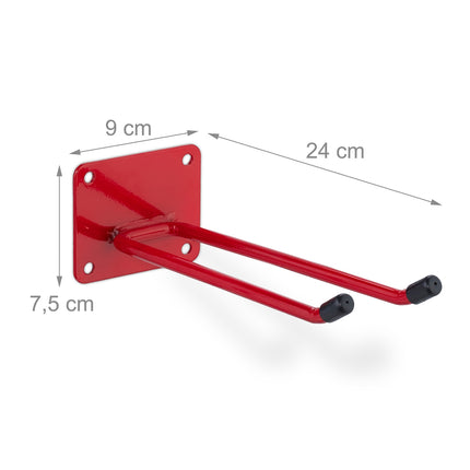 Porte-outils mural, acier rouge, double crochet