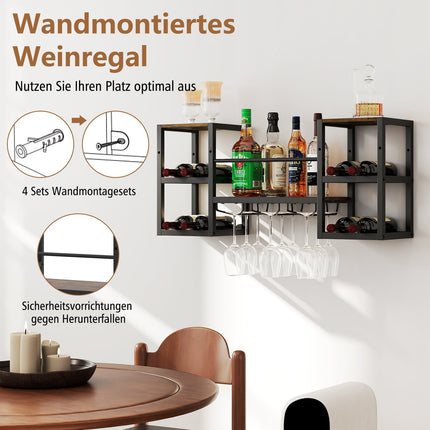 Casier à vin mural avec porte-verres, 8 bouteilles, marron rustique