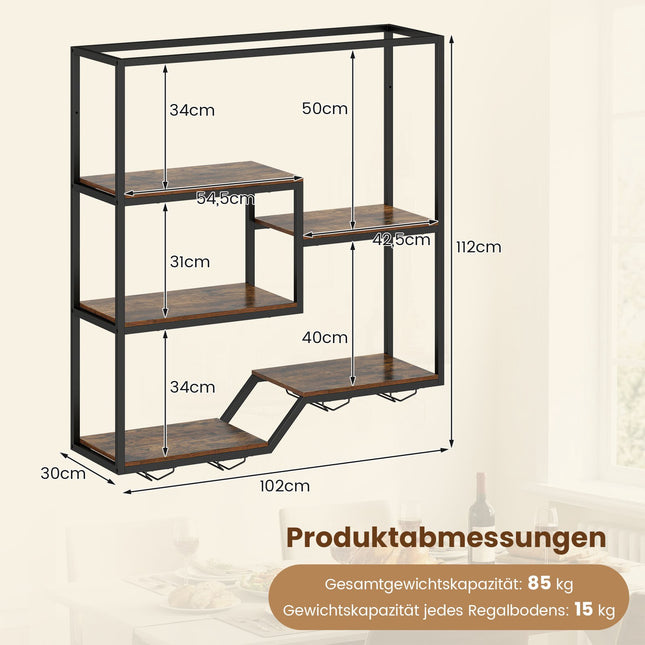Wandmontiertes Weinregal mit Glashalter, Rustikales Braun