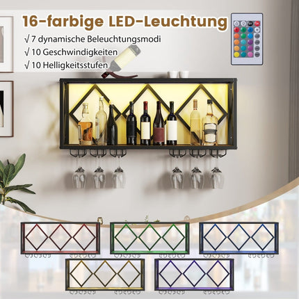 Weinregal zur Wandmontage mit LED-Beleuchtung und Glashaltern