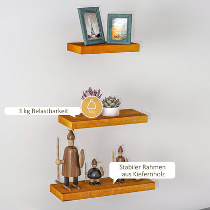 Schwebende Wandregale 3er-Set, Massivholz, braun