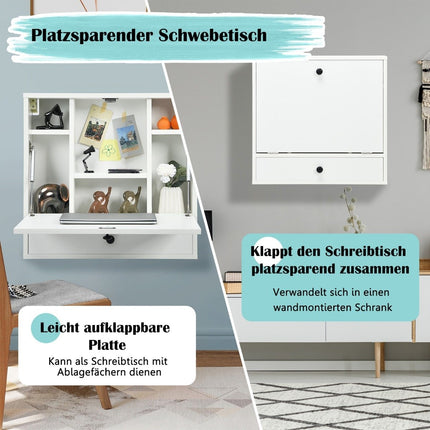 Wandklapptisch mit Ablagefächern und Schublade Klapptisch für kleine Räume weiß