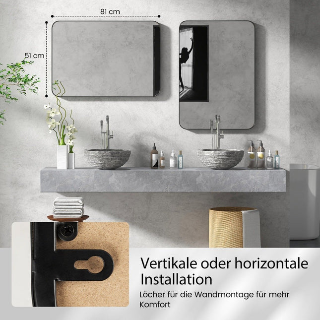 Miroir mural avec cadre en métal et coins arrondis, miroir de maquillage moderne, noir