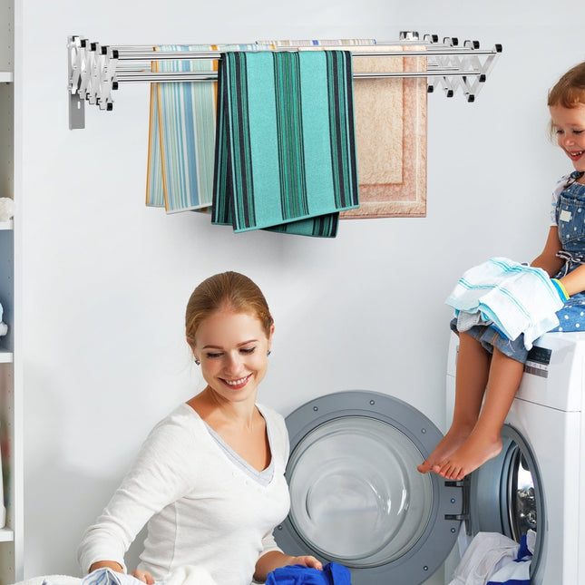 Portant à vêtements mural, séchoir mural extensible en acier inoxydable avec 8 barres, capacité de charge 25 kg