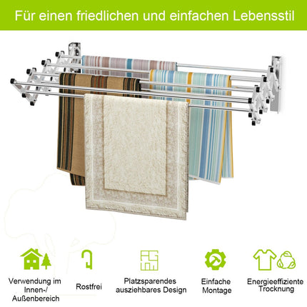 Portant à vêtements mural, séchoir mural extensible en acier inoxydable avec 8 barres, capacité de charge 25 kg