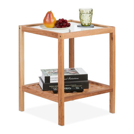 Table basse en noyer avec plateau en verre et deux étagères