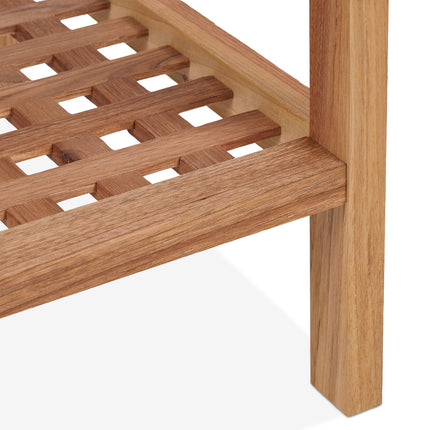 Table basse en noyer avec plateau en verre et deux étagères