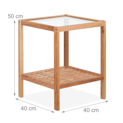 Table basse en noyer avec plateau en verre et deux étagères