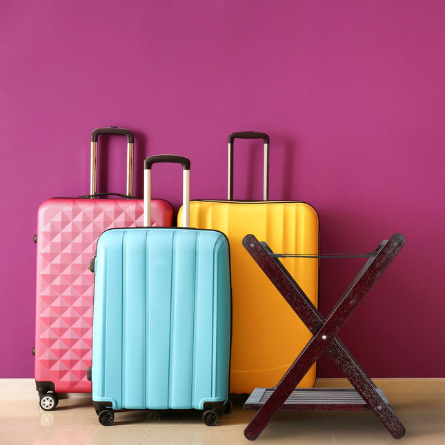 Porte-bagages pliable en noyer ; support pour accessoires de voyage en bois marron