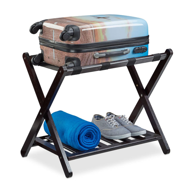Porte-bagages pliable en noyer ; support pour accessoires de voyage en bois marron
