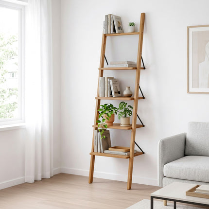 Leiterregal aus Walnussholz, 4-stufiges Anlehn-Design, 180 cm