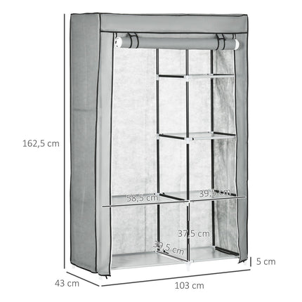 Faltbarer grauer Kleiderschrank, 6 Fächer, 103x43x162,5 cm