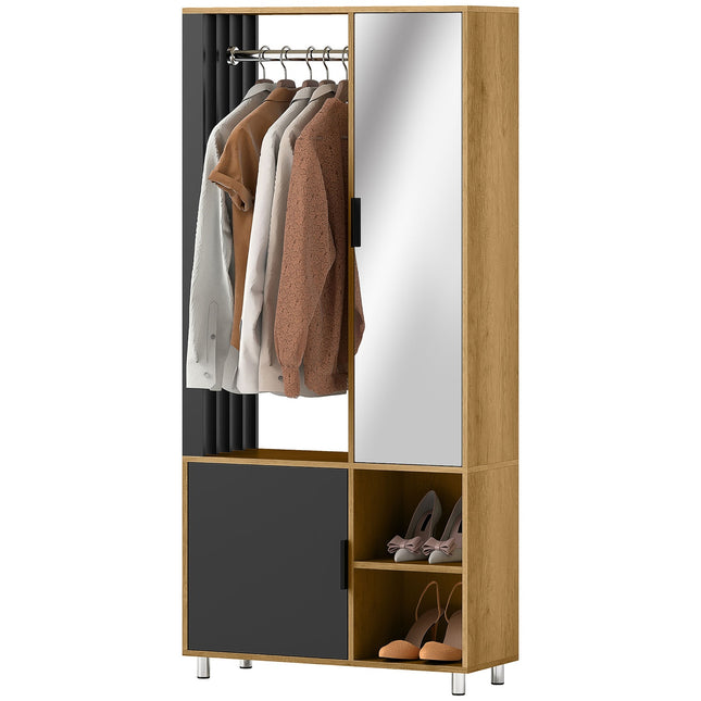Armoire avec miroir, tringle à vêtements, bois naturel, noir