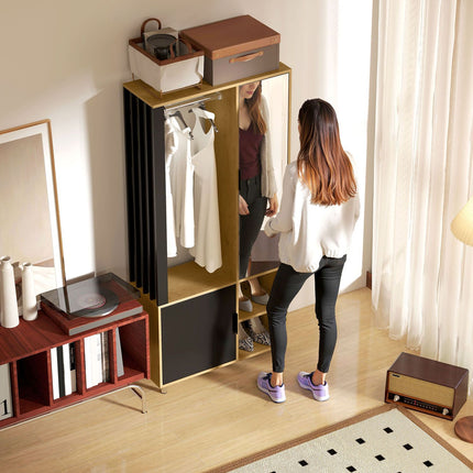Kleiderschrank mit Spiegel, Kleiderstange, Naturholz, Schwarz