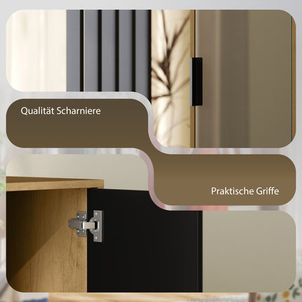 Kleiderschrank mit Spiegel, Kleiderstange, Naturholz, Schwarz