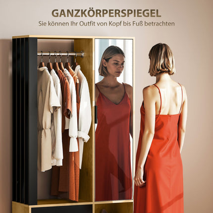 Kleiderschrank mit Spiegel, Kleiderstange, Naturholz, Schwarz