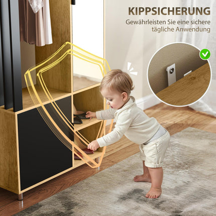 Kleiderschrank mit Spiegel, Kleiderstange, Naturholz, Schwarz