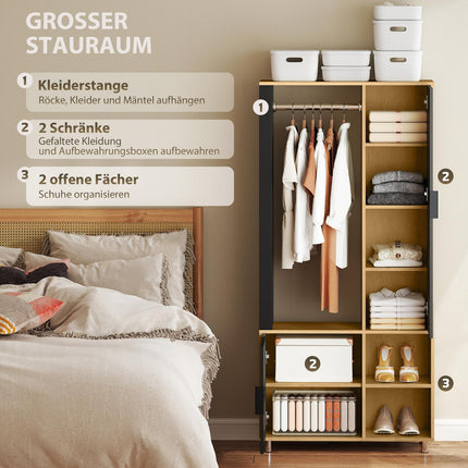 Kleiderschrank mit Spiegel, Kleiderstange, Naturholz, Schwarz