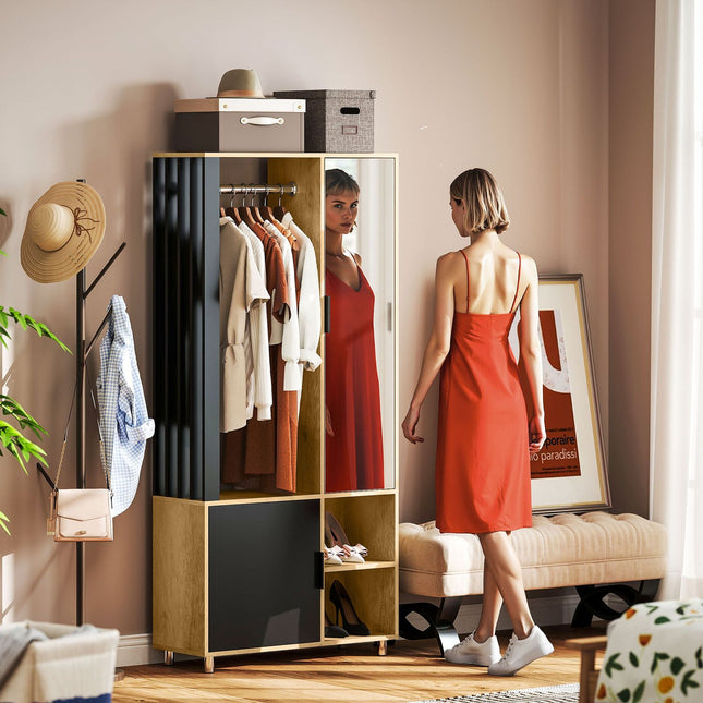 Armoire avec miroir, tringle à vêtements, bois naturel, noir