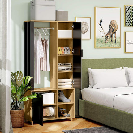 Kleiderschrank mit Spiegel, Kleiderstange, Naturholz, Schwarz