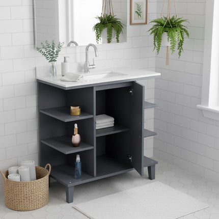 Meuble sous-vasque avec porte et 6 étagères ouvertes