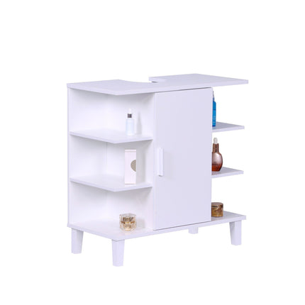 Meuble sous-vasque avec porte et 6 étagères ouvertes, MDF