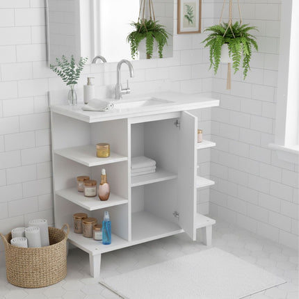 Meuble sous-vasque avec porte et 6 étagères ouvertes, MDF
