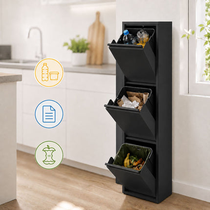 Waste Separation Bin 3 x 18 l with Tilt Function, Black, Wall-Mountable