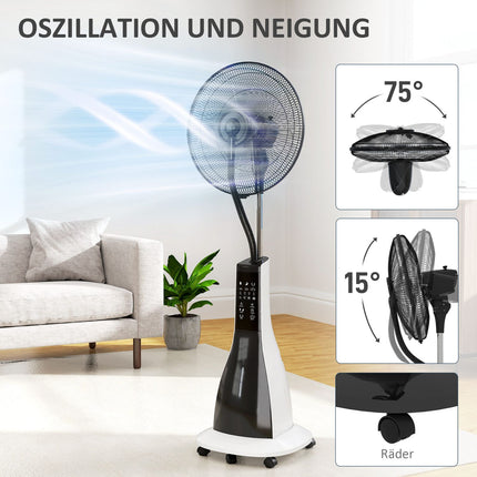 Ventilateur de refroidissement à eau sur pied avec brouillard de pulvérisation, télécommande, minuterie oscillant à 3 niveaux, réservoir d'eau de 3 L, ventilateur à eau de 90 W avec roues de 125 cm Aosom