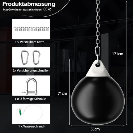 Wassergefüllter Boxsack mit Metallkette und Schlauch