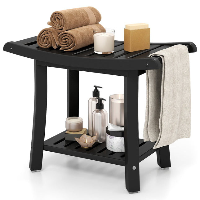 Banc de douche étanche, siège incurvé, noir, rangement à 2 niveaux