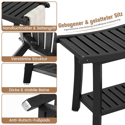 Banc de douche étanche, siège incurvé, noir, rangement à 2 niveaux