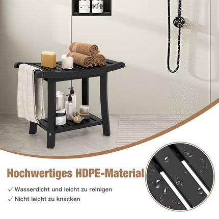Banc de douche étanche, siège incurvé, noir, rangement à 2 niveaux