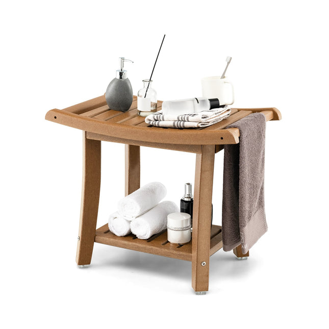 Banc de douche étanche avec assise incurvée et rangement à 2 niveaux