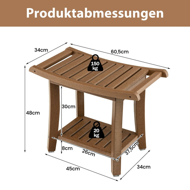 Banc de douche étanche avec assise incurvée et rangement à 2 niveaux