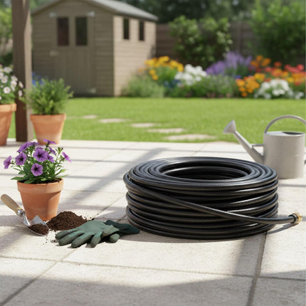 Wetterfester schwarzer Gartenschlauch, UV-beständig, 1/2"-Anschlüsse