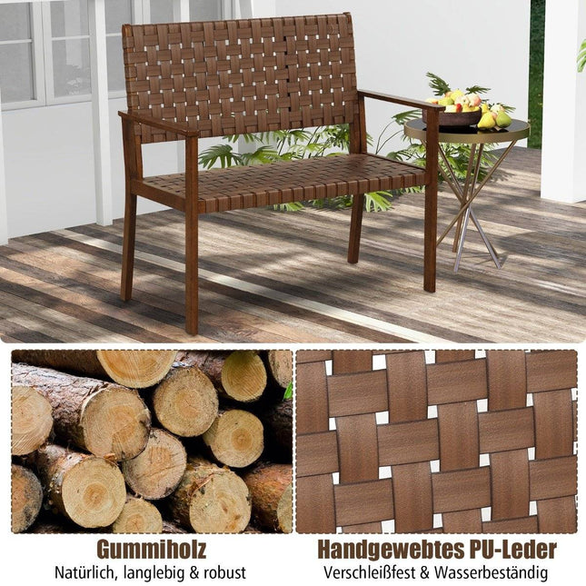 Wetterfeste Gartenbank aus Holz mit Rückenlehne &amp; Armlehne &amp; handgeflochtener Parkbank aus Kunstleder
