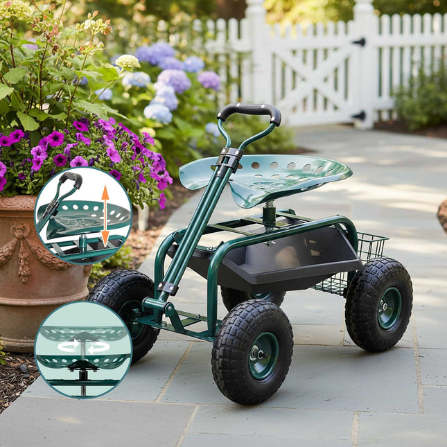 Siège de jardin à roulettes avec rangement et hauteur réglable