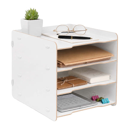 Plateau de classement blanc à 4 compartiments en MDF – Organiseur de bureau effet bois
