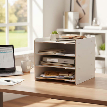 Plateau de classement blanc à 4 compartiments en MDF – Organiseur de bureau effet bois