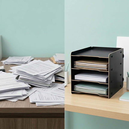 Plateau de classement blanc à 4 compartiments en MDF – Organiseur de bureau effet bois