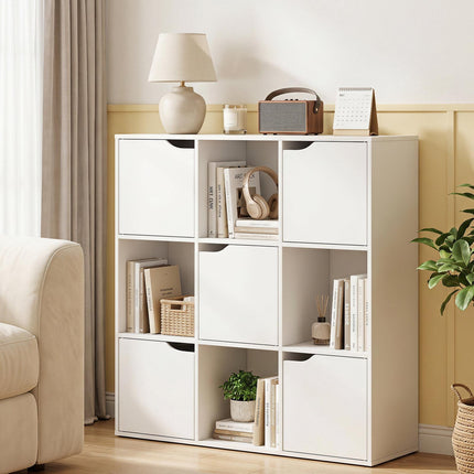 Bibliothèque blanche à 9 cubes avec 5 portes et dispositif anti-basculement